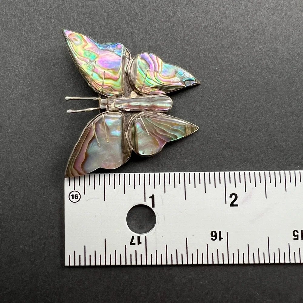 Vintage Butterfly Brooch Mexico Sterling Silver Abalone Shell Insect 2